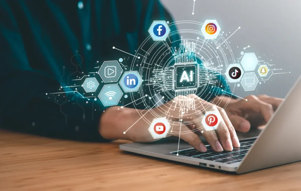 A hand resting on a laptop keyboard, illustrating the concept of using generative AI to enhance social media platforms.