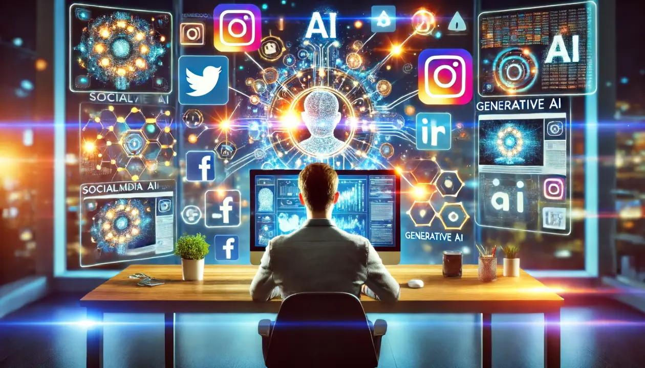 A person sitting at a desk in a dimly lit room, discussing how to use generative AI for growing social media platforms, with a focus on clothing-related content.
