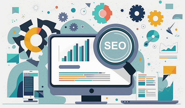 Workspace with a laptop, phone, and SEO tools, highlighting SEO services.